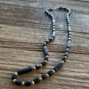 Vintage Trifari Black and Gold Bead Necklace Single Strand 31" Long retro.